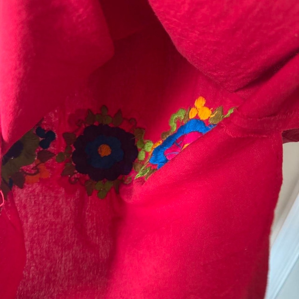 Vintage Mexican Red Embroidered Dress Oaxaca Flower Blue Yellow Short - Picture 6 of 6